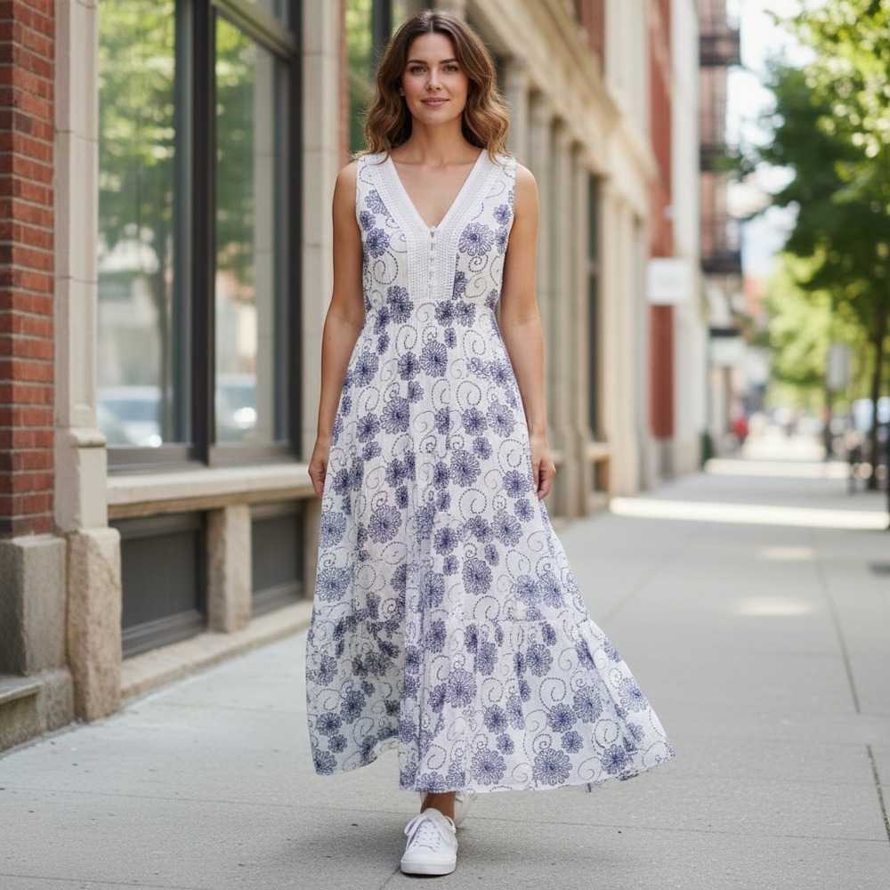J Glee NWOT Printed Maxi Tiered Dress Blue White Sleeveless V-Neck Cotton Resort